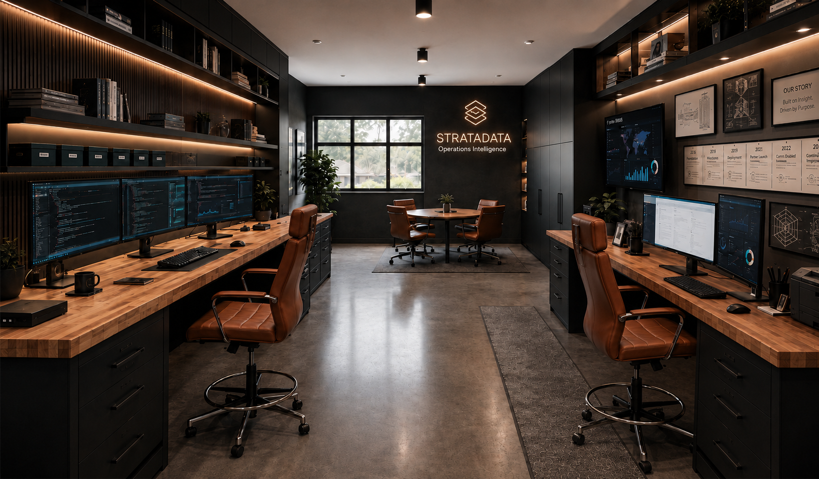 Design concept rendering of a future StrataData head office operations centre with dark surfaces, warm wood accents and operational workstations
