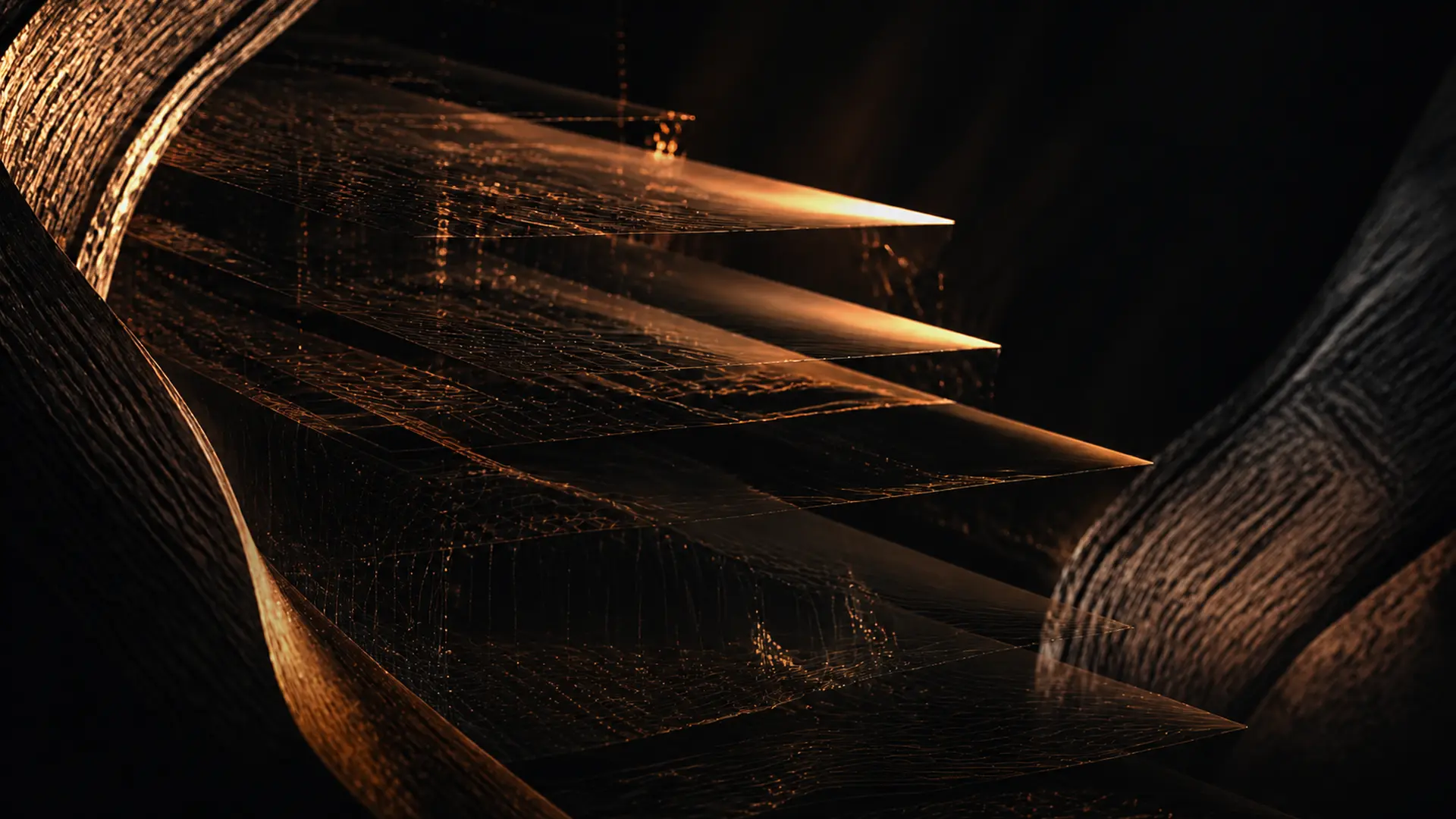 Layered translucent data strata lit by warm copper light